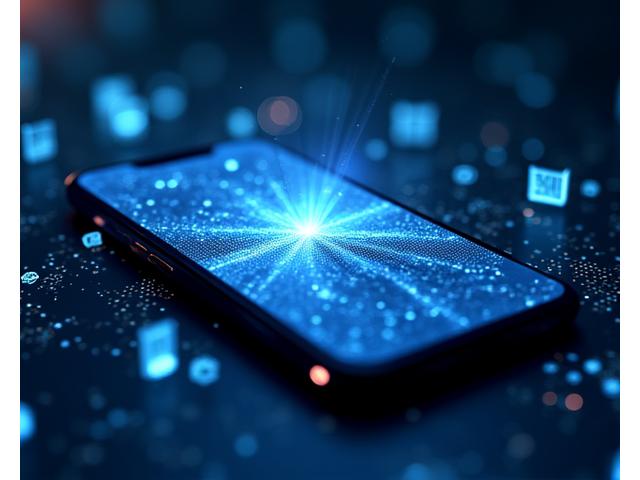 Eine stilisierte Darstellung von künstlicher Intelligenz, die neuronale Netze und Datenströme zeigt, welche auf einem Smartphone-Bildschirm fließen und KI-gestütztes Sprachenlernen symbolisieren.
