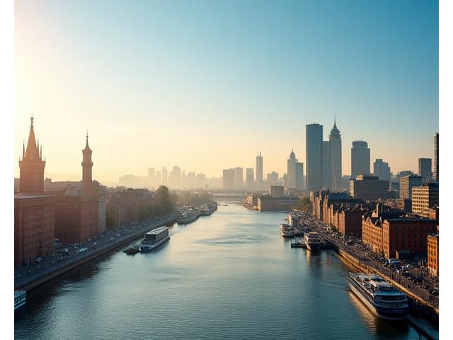 Eine malerische Ansicht der Hamburger Skyline mit dem Hafen und historischen Gebäuden bei Sonnenuntergang, die die Inspiration der Stadt für mobile Lernlösungen darstellt.