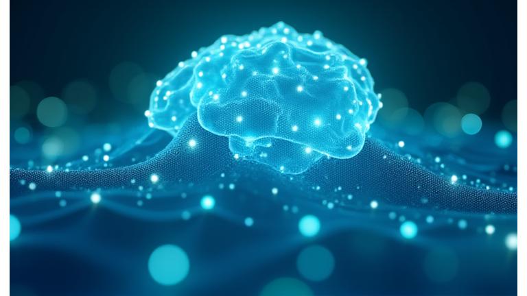 Animierte KI-Visualisierung eines neuralen Netzwerks in blauen und grünen Tönen, die Verbindungen und Datenflüsse darstellt.
