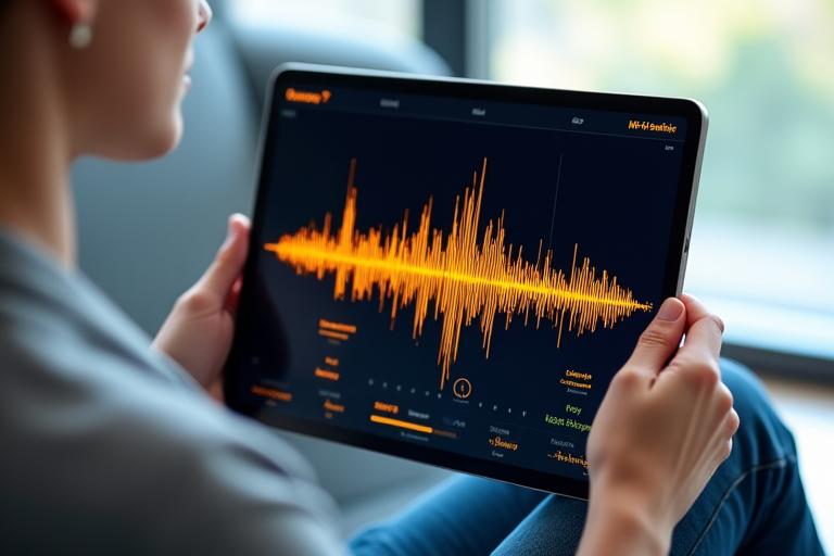 Audio-Wellenform-Visualisierung auf einem Tablet-Bildschirm, die stimmliche Muster und Feedback-Punkte für die deutsche Aussprache anzeigt.