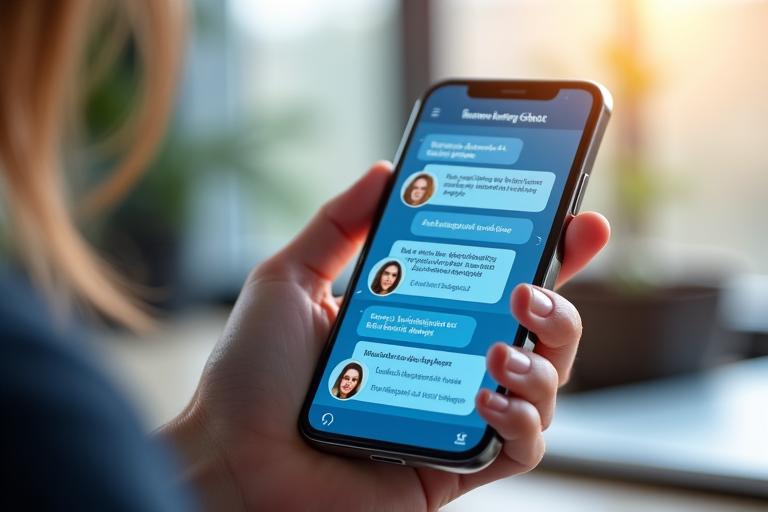 Interaktive Chat-Oberfläche auf einem Smartphone-Bildschirm. Eine freundliche KI-Avatar-Animation lächelt, während Textblasen eine fließende deutsche Konversation mit Lernfragen anzeigen.