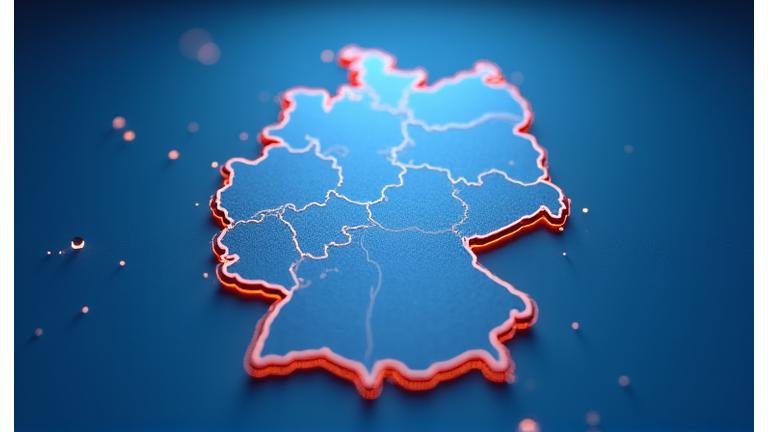 Eine Karte von Deutschland mit Sprachwellen, die von verschiedenen Regionen ausgehen, um Akzentvariationen darzustellen