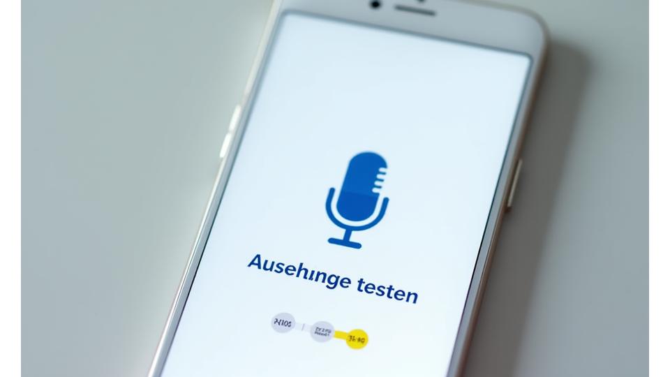 Ein Mikrofon-Symbol auf einem Smartphone mit der Aufschrift 'Aussprache testen' und einem Fortschrittsbalken