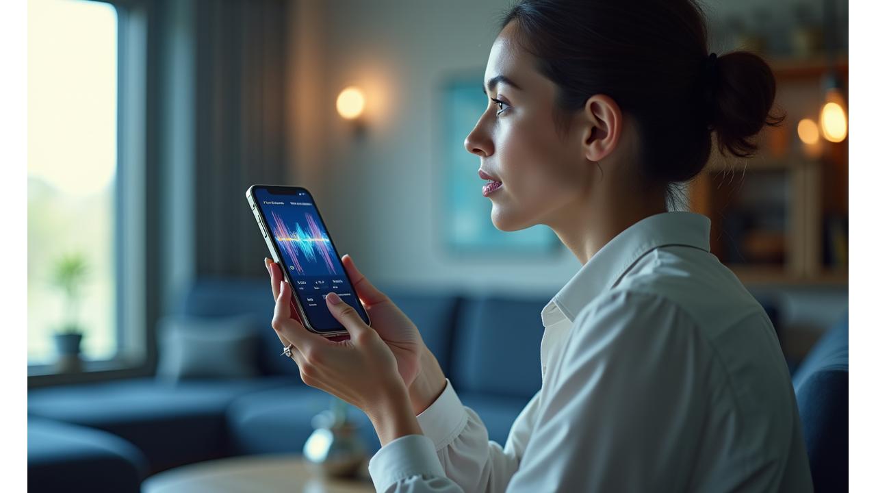 Eine Person spricht in ein Smartphone mit einer AI-Spektralanalyse der Sprache auf dem Bildschirm