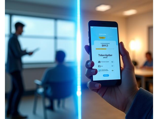 Symbolische Darstellung des mobilen Lehrens mit einem geteilten Bildschirm, der eine Lern-App auf einem Smartphone und eine Präsentation im Klassenzimmer mit Synchronisationspfeilen zeigt.