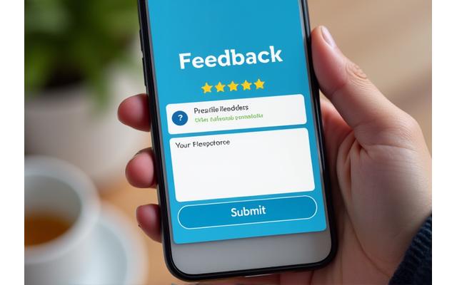 A smartphone with a feedback form on screen, displaying star ratings and a comment box, emphasizing user input.