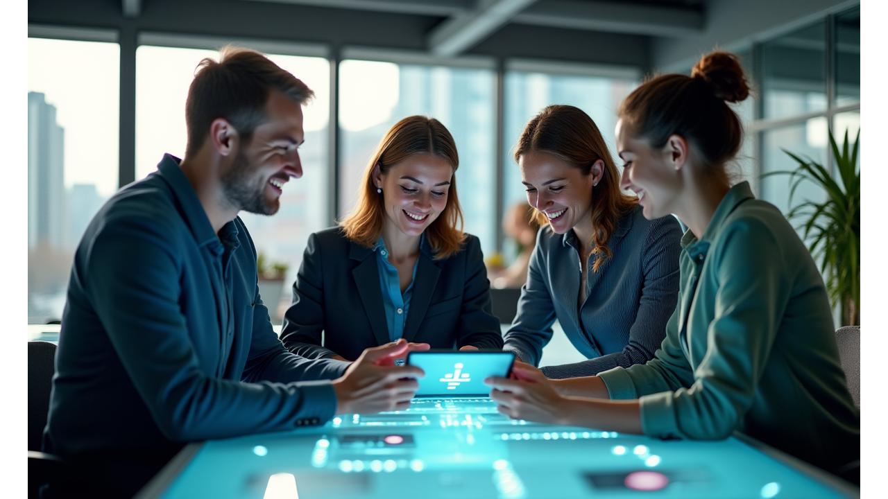 Team of Lernstrom Software GmbH collaborating in a modern Hamburg office, showcasing technology and teamwork.