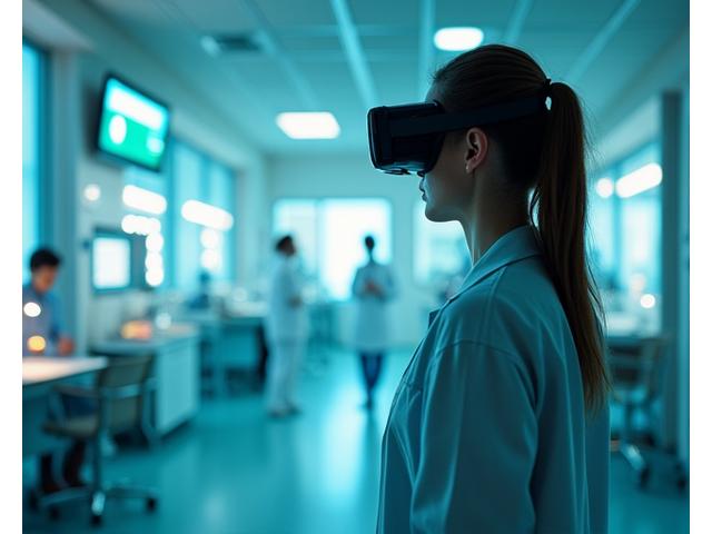 Virtual reality simulation of a hospital room with a medical professional interacting with a patient