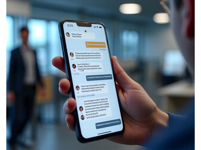 Ein Smartphone zeigt eine interaktive Kommunikationsübung, bei der ein Logistiker mit simulierten Kollegen oder Kunden interagiert, um Sprachkenntnisse zu verbessern.