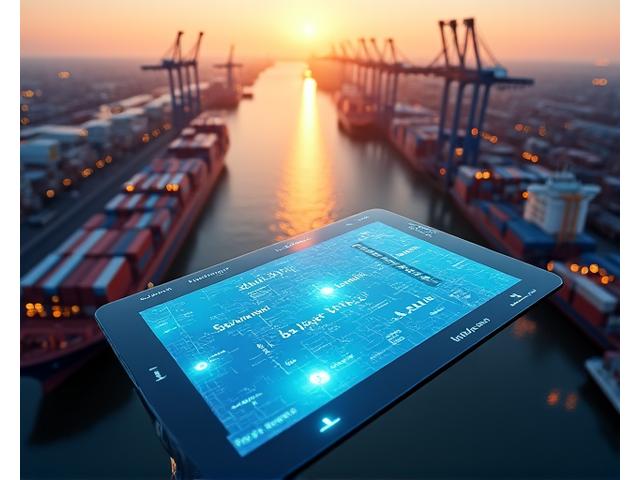 Eine interaktive Karte des Hamburger Hafens auf einem Tablet, die verschiedene Terminals mit interaktiven, Deutsch-Modulen für sprachliche Übungen zeigt.