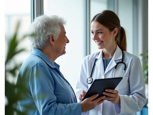Ärztin im Gespräch mit Patientin in einem Hamburger Krankenhaus, Fokus auf die Kommunikationssituation