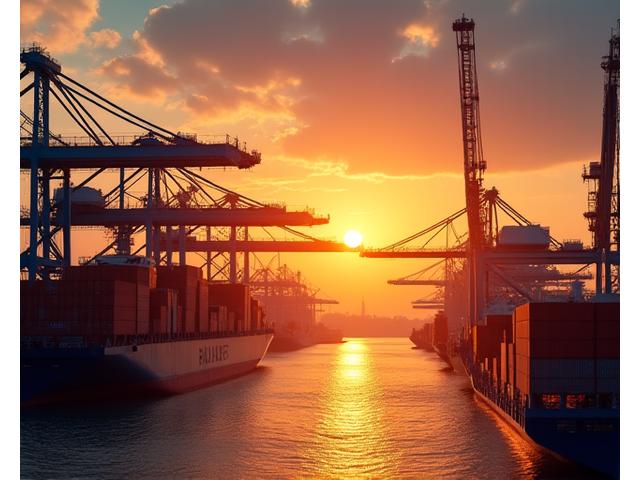 Containerschiffe im Hamburger Hafen bei Sonnenuntergang, symbolisiert die deutsche Logistikbranche