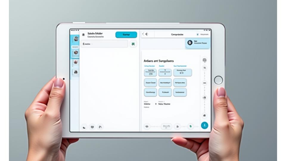 Benutzeroberfläche eines interaktiven Lektions-Builders auf einem Tablet, der eine Drag-and-Drop-Funktionalität und eine Bibliothek von Modulen zeigt.