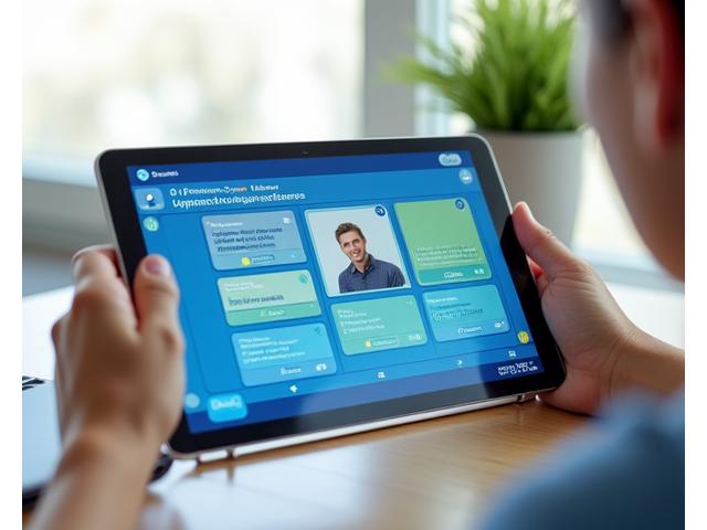 KI-gestützte interaktive Benutzeroberfläche zur Lektionsgestaltung auf einem Tablet, die multimediale Inhalte, Gamification-Elemente und adaptive Pfade elegant darstellt.