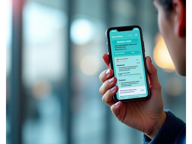 Person using a smartphone with a vibrant German learning app interface showing bite-sized lessons, set against a backdrop of flowing data and light particles