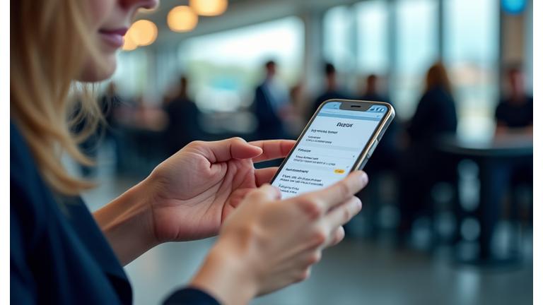 A person in a business setting, possibly a cafe or airport lounge, quickly accessing a German phrase on a mobile device for an immediate need, symbolizing just-in-time learning.