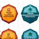 Various colorful micro-badges or award icons representing achievements like 'Grammar Master', 'Pronunciation Pro', 'Vocabulary Builder'.