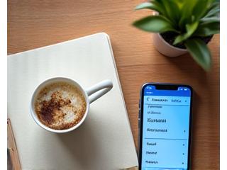 A serene morning scene with a cup of coffee and a smartphone displaying German vocabulary, subtly hinting at a workplace environment.