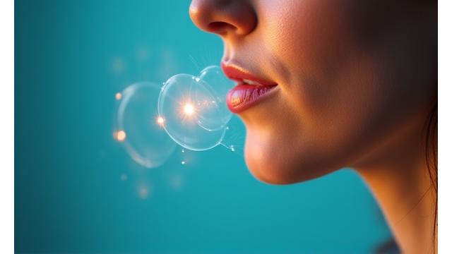A close-up of a native German speaker's mouth and throat area, with subtle visual cues like sound waves or phonetic symbols overlaid, demonstrating pronunciation in a video tutorial.