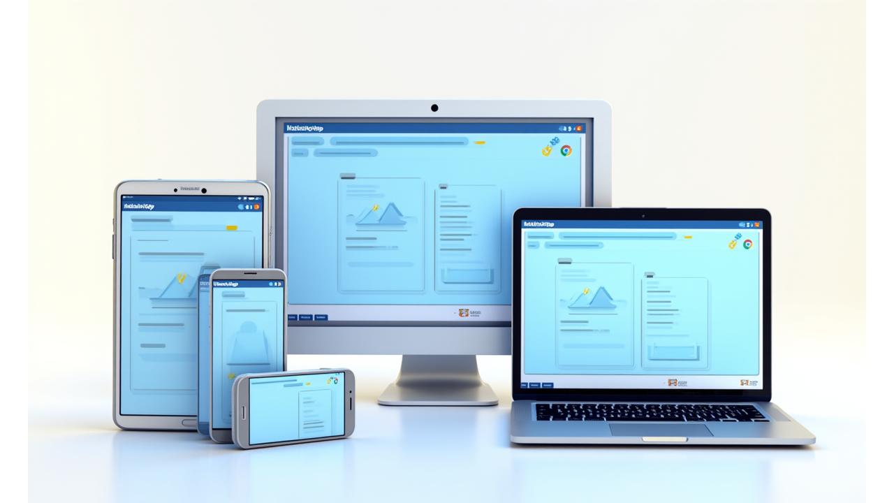 Illustration of multiple mobile devices (phone, tablet) showing similar app interfaces across iOS and Android