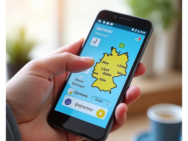 Mobile app screen showing a German language learning exercise with a map of Germany and interactive audio option