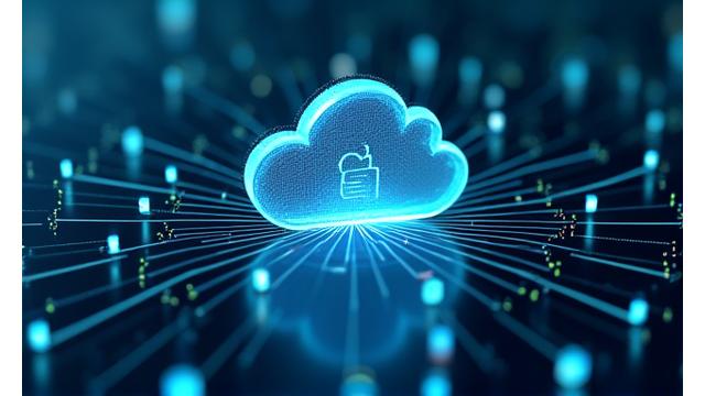 Visualisierung eines sicheren Datenflusses für KI-Verarbeitung mit Verschlüsselungssymbolen und Datencloud
